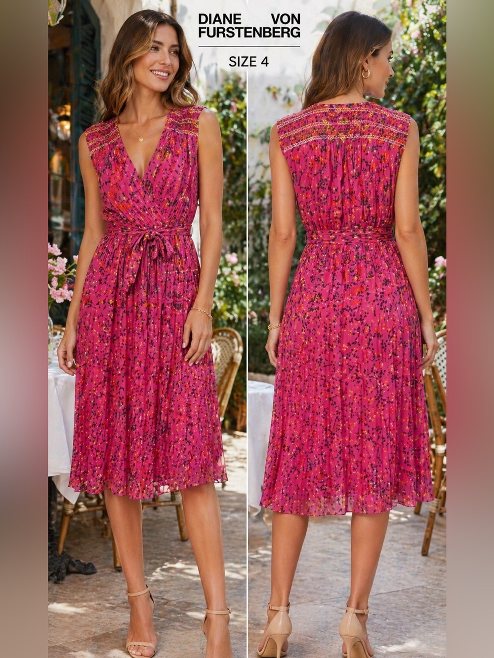 Diane Von Furstenberg Silk Floral Wrap Dress Size 4 Pink Sleeveless boho guest